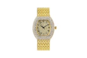 Detailed view of luxury gold tonneau watch with sparkling rhinestones and Roman numerals