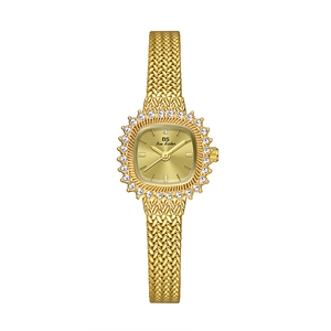 Elegant gold square watch with crystal bezel and woven metal strap for women