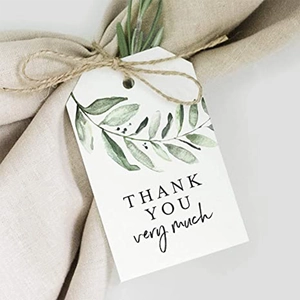 White rectangular gift tag with watercolor olive leaves and black Thank You text with twine