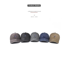 Five assorted colors of washed cotton baseball caps with embroidered lavender flowers