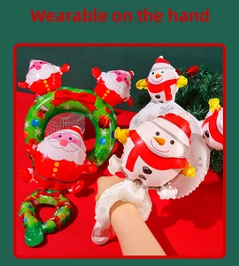 Wearable Christmas foil wrist balloons featuring Santa Claus and snowman festive designs