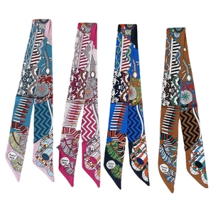 Ethnic patchwork silk-feel narrow scarves in four vibrant color combinations