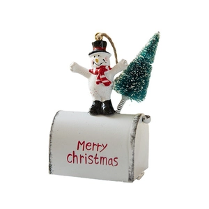 Painted metal Christmas mailbox ornament with snowman and mini tree on white background