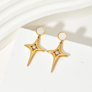 Chic gold star drop earrings with white shell inlay and sparkling zircon crystals