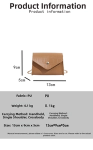 Detailed size chart for brown faux-crocodile chain bag with dimensions 13x9x5 cm