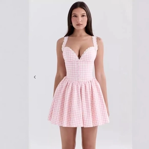 Women Pink Gingham Mini Dress V Neck Lace Trim Sleeveless Slim Waist Pleated Skater Sweet Vintage Style Dress