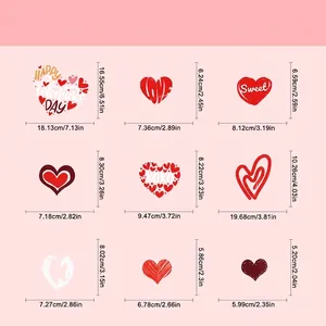 Größentabelle für 9 Valentinstag-Herzaufkleber mit Maßen in cm und Zollangaben