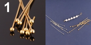 Detailed view of 18K gold and silver ball head pins used in DIY pearl jewelry making
