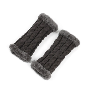 Detail of dark brown cable knit arm warmers with gray faux fur cuffs on a white background