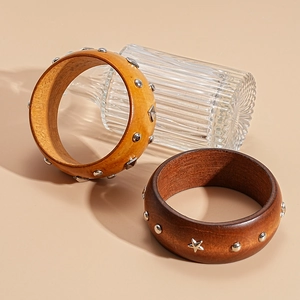 Vintage wooden round bangles with star rivets in light and dark walnut wood finishes