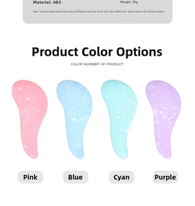 Detail view showing marble pattern hairbrushes in pink, blue, cyan and purple colors