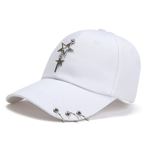White cotton baseball cap featuring street-style metal star pendant and brim rings