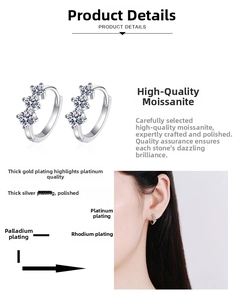 Detail of 925 silver hoop earrings with three round moissanite stones and plated finish