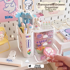 Detailed view of cloud-shaped handles and transparent drawers on a desk organizer