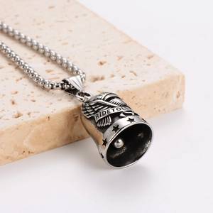 Vintage stainless steel eagle bell pendant necklace with Ride to Live engraving for men