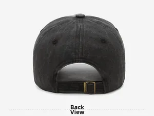 Detail view of washed cotton baseball cap back with adjustable bronze metal buckle