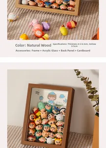 Macro detail of natural wood shadow box frame for doll display with 5cm hollow depth
