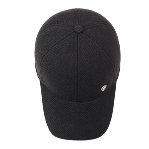 Men's winter black herringbone baseball cap with warm lining and silver leaf metal pin