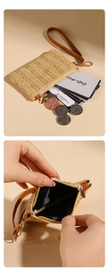 Macro shot of straw-woven coin purse interior showing card slots and zipper detail