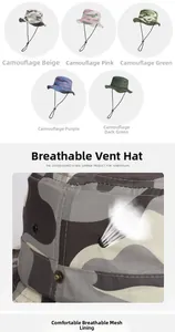 Detailed view of camouflage sun hat with breathable mesh lining and adjustable wind rope