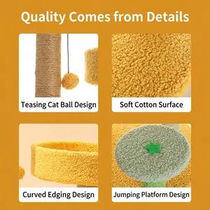 Sunflower cat scratching post with sisal rope details and soft yellow velvet platform