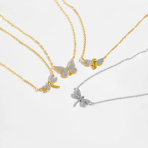 Sparkling S925 sterling silver necklaces with iced-out butterfly, bee, and dragonfly pendants