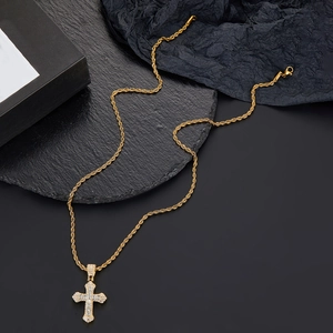 Hip hop style gold cross pendant necklace with sparkling crystals on a twist rope chain