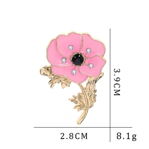 Detail of pink flower brooch with measurements 3.9cm height and 2.8cm width