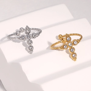 Bague Ouverte Croix Acier Inoxydable Strass Ajustable Bijoux Vintage Minimalistes Pour Femmes Plaqué Or 18K