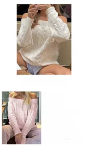 Detail showing high-quality cable knit texture and fabric composition of the off-shoulder sweater