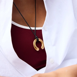 Minimalist 18K gold plated stainless steel horseshoe pendant with black cord necklace