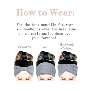Detailed guide showing three ways to wear a gray elastic leopard yoga headband