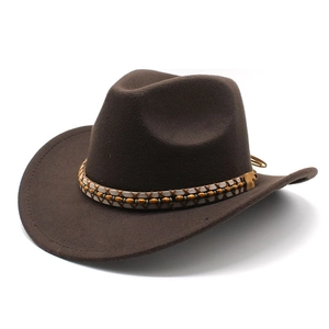 Classic dark brown wool felt western cowboy hat with ethnic braided belt and bead detail