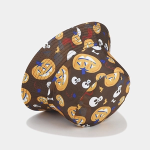 Brauner Halloween-Anglerhut mit Kürbis- und Totenkopfprint für festliche Partys