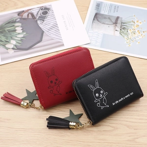 Mini candy-colored PU leather coin purses in red and black with cute bunny and tassel