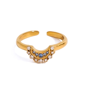 Adjustable 18k gold-plated stainless steel ring with blue and white crystals