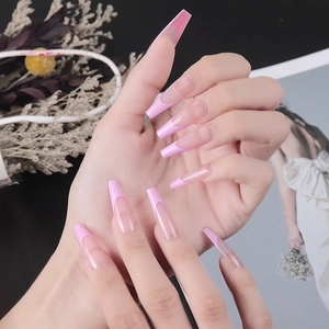 Long coffin french manicure nails with elegant pink gradient design and glossy finish