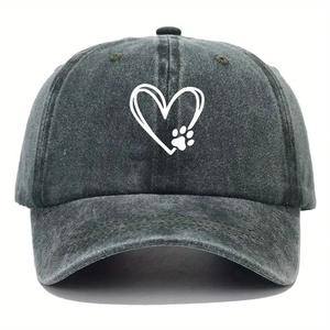 Washed dark grey baseball cap with white heart and pet paw print graphic for sun protection