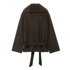 Dark brown wool coat with faux fur collar and belted waist, back view on white background