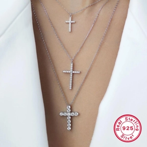 925 Sterling Silver Cross Pendant Necklace With Cubic Zirconia Dainty Layered Link Chain For Women Minimalist Jewelry