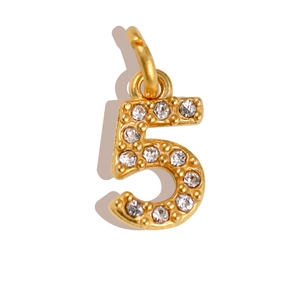 Detailed view of a gold-plated number 5 pendant set with sparkling white zircons