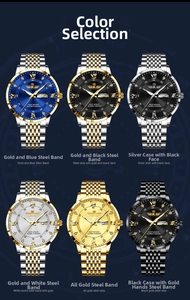 Six luxury men's steel watches with dual calendar display and roman numeral dials