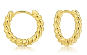 Close-up of golden C-shaped twisted rope hoop earrings with high-polished metal finish