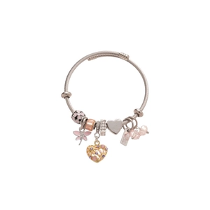 Charming silver bangle with pink enamel butterfly, gold heart and zircon charms