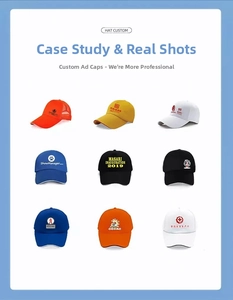 Detail view of custom baseball caps in various colors with professional logo printing