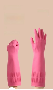 Pink latex cleaning gloves with long sleeves and non-slip texture for housework