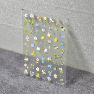 3D embossed nail art sticker with cute rabbits and colorful flower garden patterns