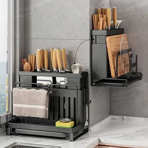 Multifunctional Kitchen Organizer Rack Carbon Steel Knife Holder Pot Lid Cutting Board Stand Countertop Wall Mounted Drainage