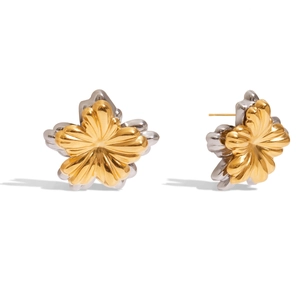 Elegant two-tone flower stud earrings in gold and silver finish stainless steel