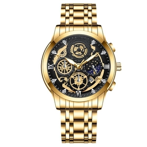 Luxury gold stainless steel mechanical watch with hollow dial and automatic movement